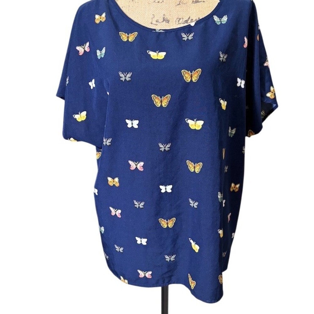 Emery Rose Blouse Womens 1XL Plus Navy Blue Butterfly Print Scoop Neck Top